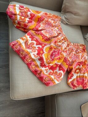 Haute Hippie Pink, Yellow & White Paisley Elastic-Waist Ballon Sleeves Top